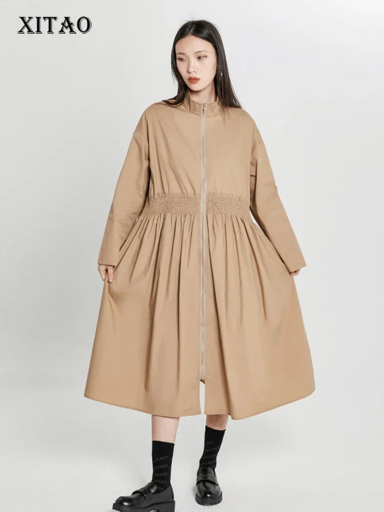 XITAO Solid Pleated Trench Women Summer New Arrival Personality Fashion Loose Turtleneck Full Sleeve Trench WLD6897