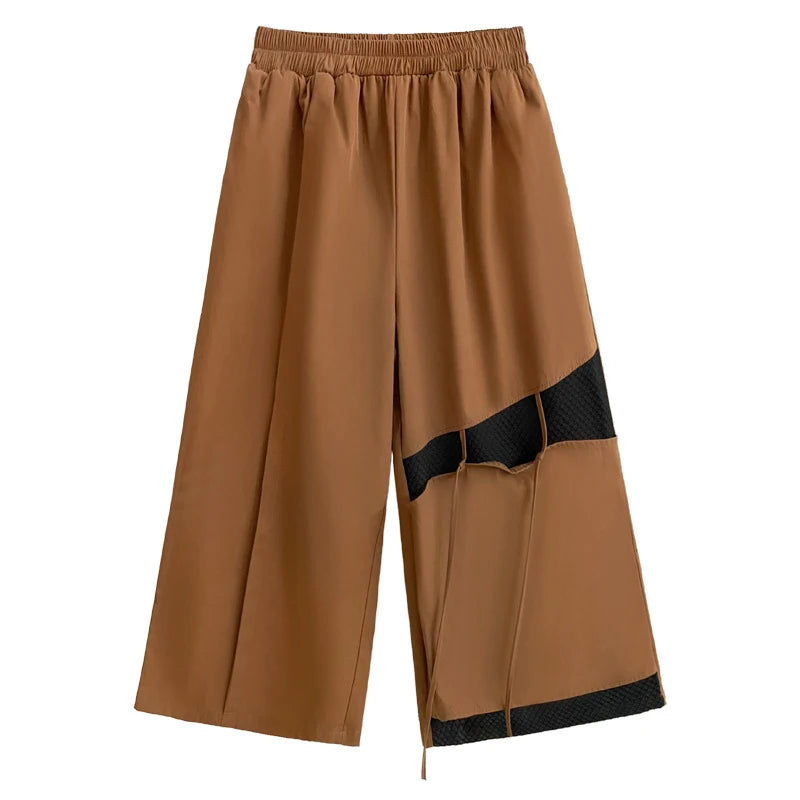 XITAO Irregular Patchwork Ankle Length Pants Pleated Elastic Waist Personality Street All-match Women Wide Leg Pants DMJ3797