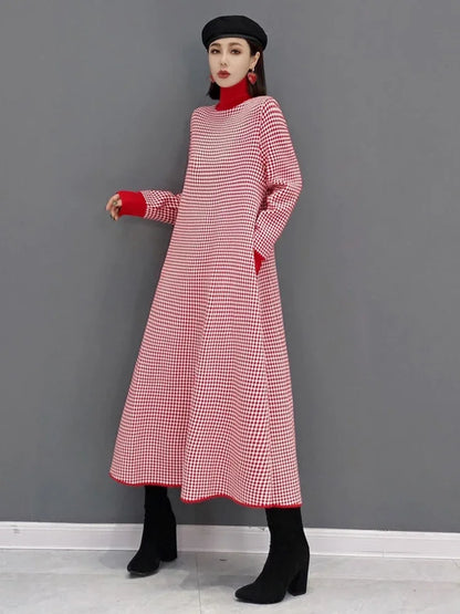 XITAO Korea Plaid Pattern Dress Spring New Fashion Long High Collar Long Sleeve Casual Loose Temperament Women GWJ0533