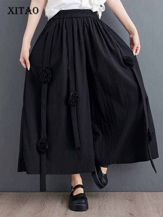 XITAO Casual Wide Leg Pants Fashion Three-dimensional Flower Decoration Splicing Loose Women Pants 2024 Summer New LYD1891