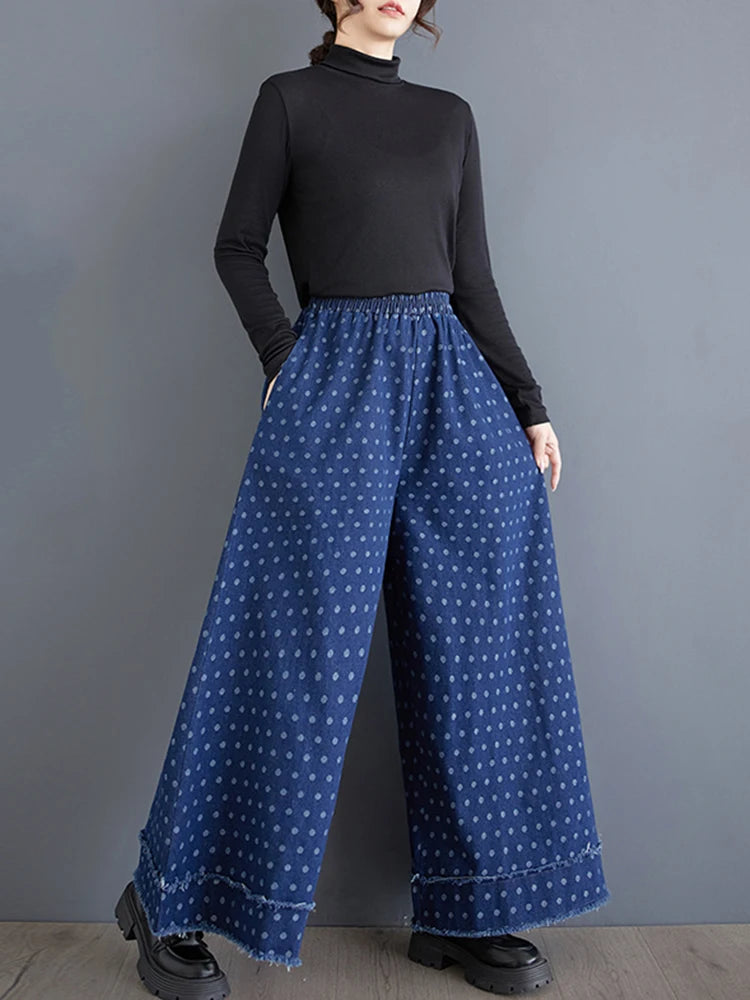 XITAO Casual Loose Vintage Dot Full Length Wide Leg Pants Elastic Waist Slim Fashion Denim New Arrival Autumn Women Jean ZYY1074