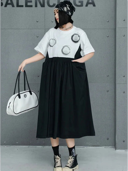 XITAO Contrast Color Patchwork False Two Pieces Dress Fashion Casual Loose A-line Mid-calf O-neck Summer Women Dress GMM1278