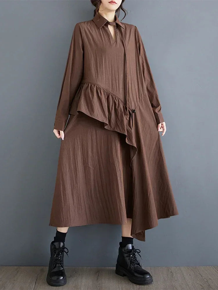 XITAO Asymmetrical Flounced Edge Female Dress Solid Color Loose Casual Pullover Mid-calf Dresses 2024 Autumn New GYX1049