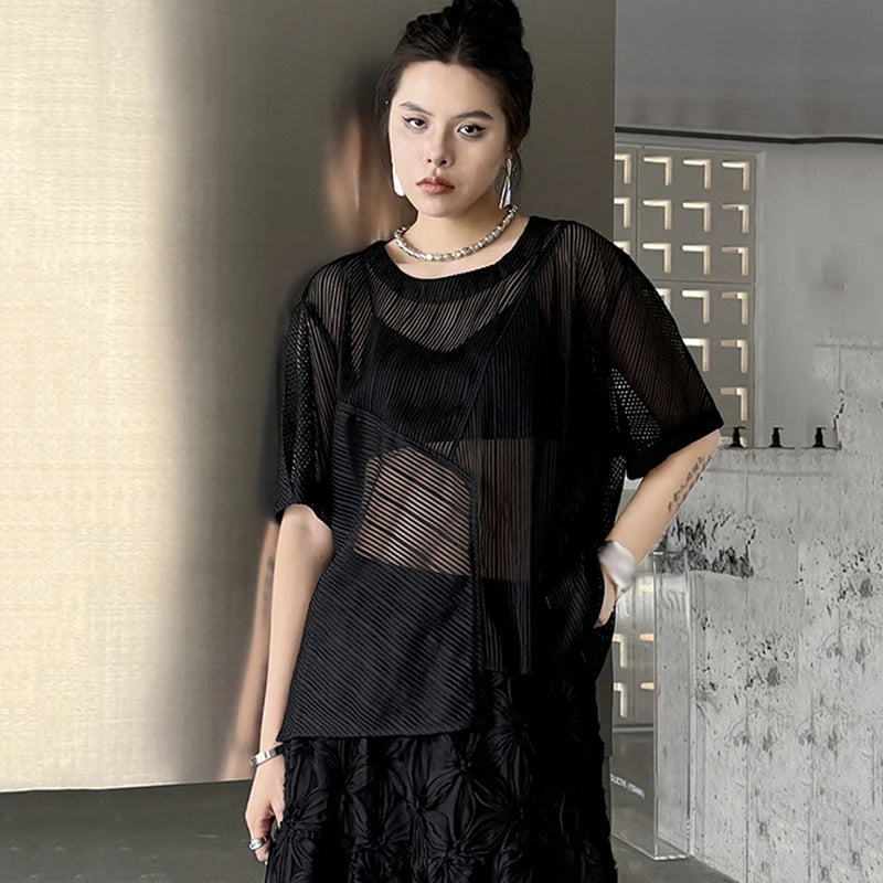 XITAO Loose Sheer Mesh T-shirt Solid Color Simplicity All-match Short Sleeve Casual Loose Summer Women New Top ZY8869