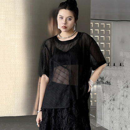 XITAO Loose Sheer Mesh T-shirt Solid Color Simplicity All-match Short Sleeve Casual Loose Summer Women New Top ZY8869