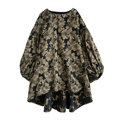 XITAO Loose Asymmetric Floret Dress Fashion Temperament Lantern Sleeve Women Autumn New Casual Vintage Irregular Dress HQQ2398