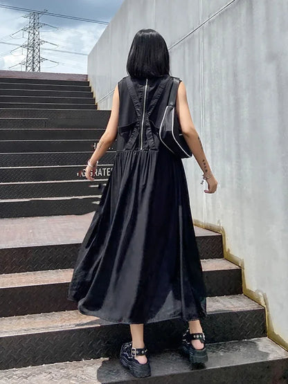 XITAO Black Sleeveless Dress Fashion New Women Summer Pleated Goddess Fan Casual Style Loose Dress ZP1590