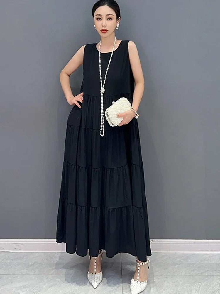 XITAO Sleeveless Loose Solid Color Pleated O-neck Dress Casual Fashion Women 2024 Summer New Pullover Simplicity Dress DMJ1898