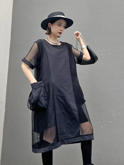 XITAO Gauze Patchwork Pocket O-neck Dresses Solid Color Short Sleeve Pullover Loose Fashion Dress 2024 Summer Slimming ZY8811