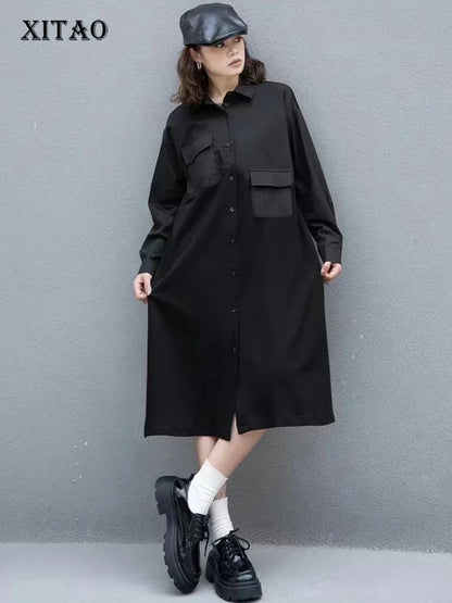 XITAO Solid Color Patchwork Full Sleeve Shirt Dress Simplicity Single Breasted Casual Temperament Street Trendy Dress DMJ5006