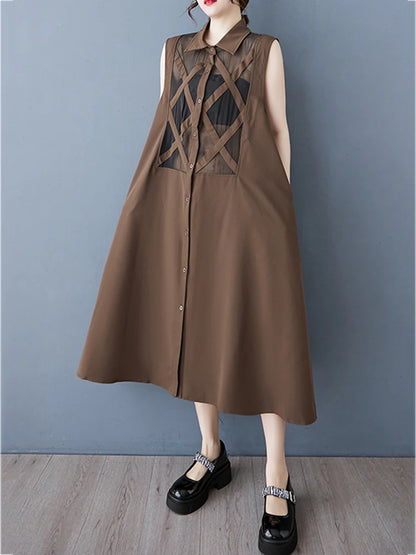 XITAO Patchwork Mesh Dress Turn-down Collar Casual Solid Color Sleeveless Lapel Fashion Sweet Spring Women Dress GYX1407