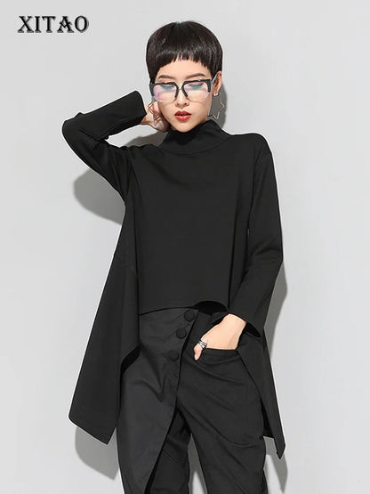 XITAO Vintage Black Turtle Neck T Shirt Women  Kawaii Casual Long Sleeve Irregular Tops Korean Clothes New ZLL1177