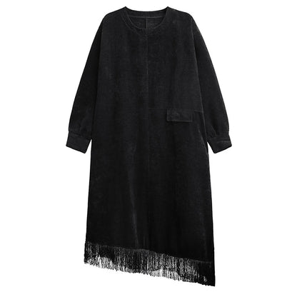 XITAO Solid Loose Trendy A-line Casual Dress O-neck Patchwork Tassel Full Sleeve Autumn Minority Pullover Women Dress ZYY1086