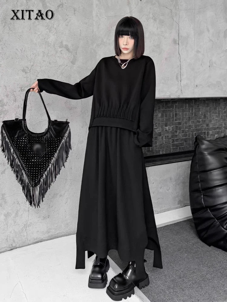 XITAO Solid Color Asymmetrical Slimming Dress Sets O-neck Pullover Long Sleeve Top Elastic Waist Loose Skirt 2024 Autumn DMJ5010