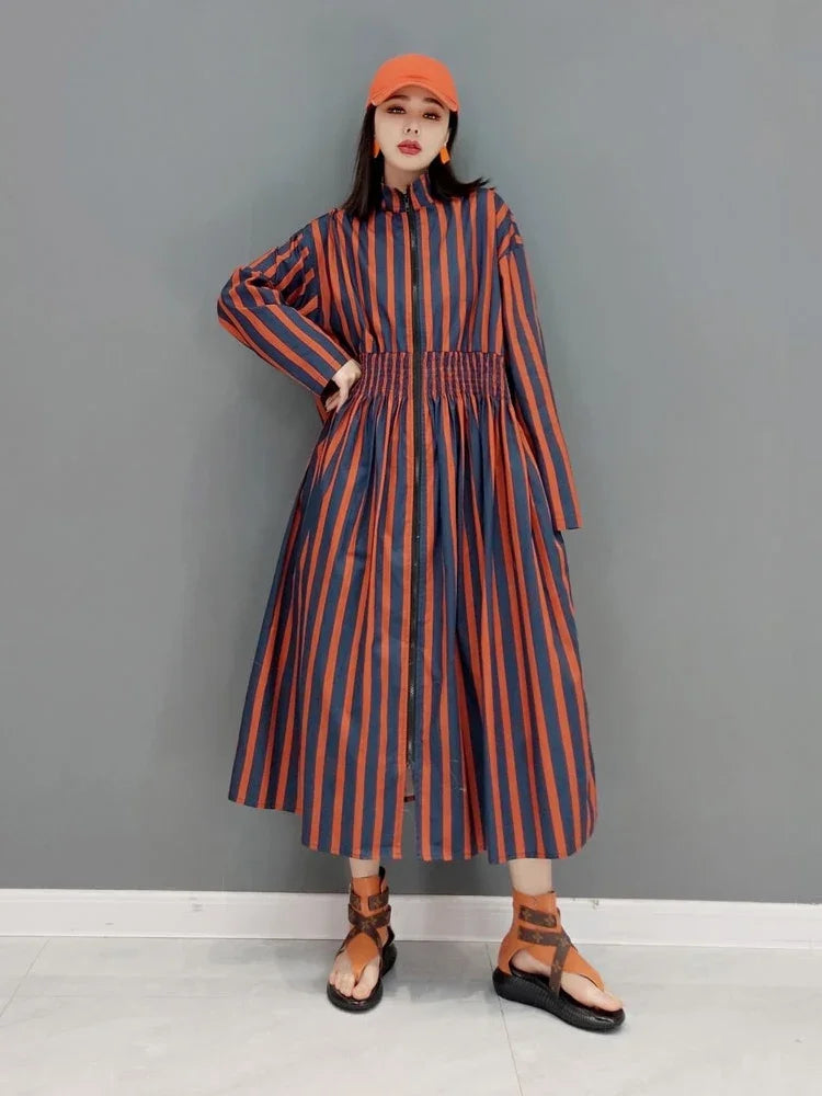 XITAO Striped Dress Fashion Stand Collar Loose Pleated Shrink Waist Shirt Dress Spring Summer Simplicity Women GWJ2751