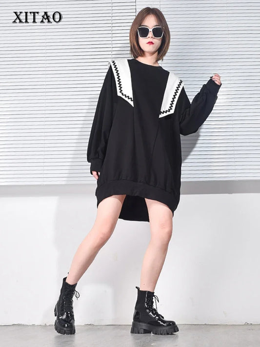 XITAO Patchwork Dress Fashion New Contrast Color Women Small Fresh 2024 Spring Pullover Full Sleeve Casual Style Dress XJ5139