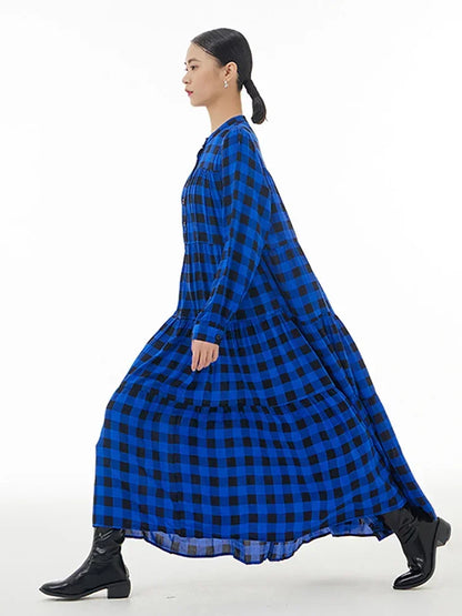 XITAO Plaid Patchwork Stand Collar Dresses Contrast Color Single Breasted Loose Mid-calf Slimming Long Sleeve Dress New DMJ3419