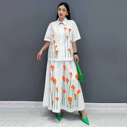 XITAO Casual Print Dress Sets Loose Fashion Contrast Color Women Short Sleeve Shirt Skirt Two Pieces Sets Summer New HQQ2373