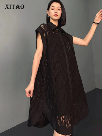 XITAO Hollow Out Lace Sleeveless Shirt Dress Single Breasted Simplicity Temperament Irregular 2024 Summer New Dress WLD20136