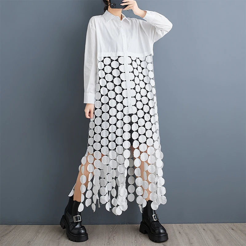 XITAO Hollow Out Patchwork Tassel Single Breasted Dress Hong Kong A-line Solid Color Full Sleeve Autumn Female Dress GMM1176