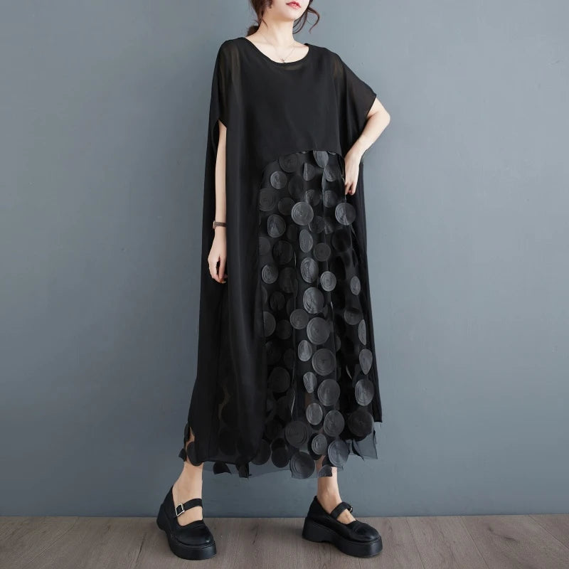 XITAO Gauze Patchwork Asymmetrical Dress Solid Color Pullover Short Sleeve Loose Mid-calf Dress 2024 Summer New Fashion HQQ2339