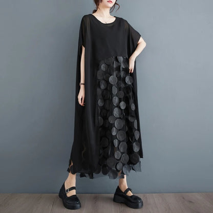 XITAO Gauze Patchwork Asymmetrical Dress Solid Color Pullover Short Sleeve Loose Mid-calf Dress 2024 Summer New Fashion HQQ2339