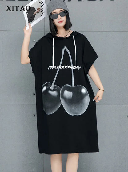 XITAO Fruit Print Hooded Rope Loose Fitting Dress Solid Color Casual Half Sleeve Pullover Straight Spring Female Dress GMM1197