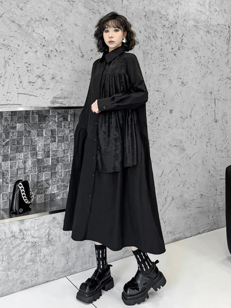 XITAO Folds Patchwork Single Breasted Dress Turn-down Collar Solid Color Long Sleeve Slimming Mid-calf Shirt Dress ZY8924