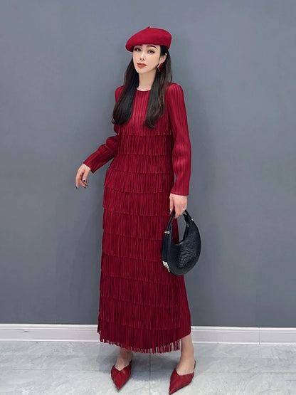 XITAO Elegant Tassel Female Dress Solid Color Casual O-Collar Full Sleeve Temperament Loose Spring Fashion Women Dress LYD1608