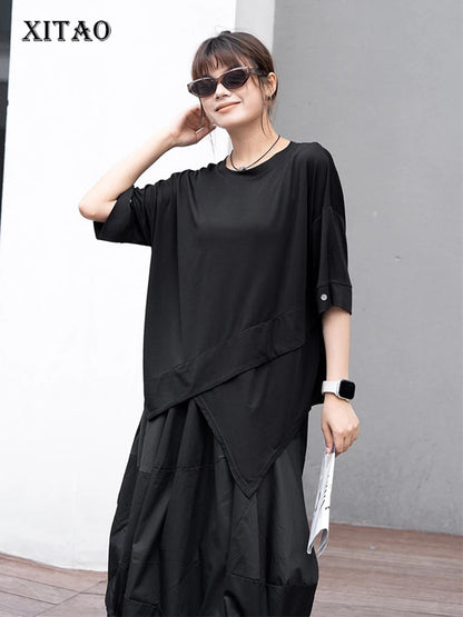 XITAO Asymmetrical Patchwork O-neck T-shirts Solid Color Loose Pullover Short Sleeve Casual Tops 2024 Summer All Match ZY8777