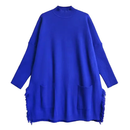 XITAO Popular Casual Tassel Loose Women Pullover Batwing O-neck Long Style Autumn Solid Color Knitting Female Sweater GMM1017