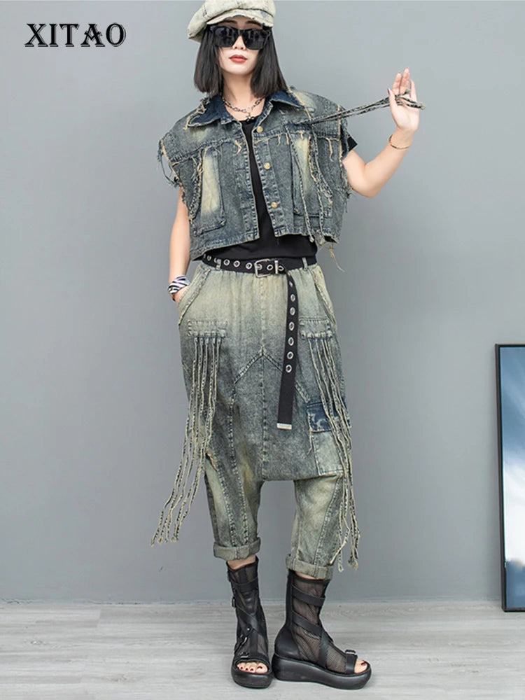 XITAO Tassels Pant Set Turn Down Collar Vest Sleeveless Personality Crotch Pants Spring Fashion Women Two-piece Sets LYD1743