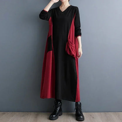 XITAO Casual T-shirt Dress Contrast Color Patchwork Women Asymmetrical Folds Pocket New Dress DMJ3101