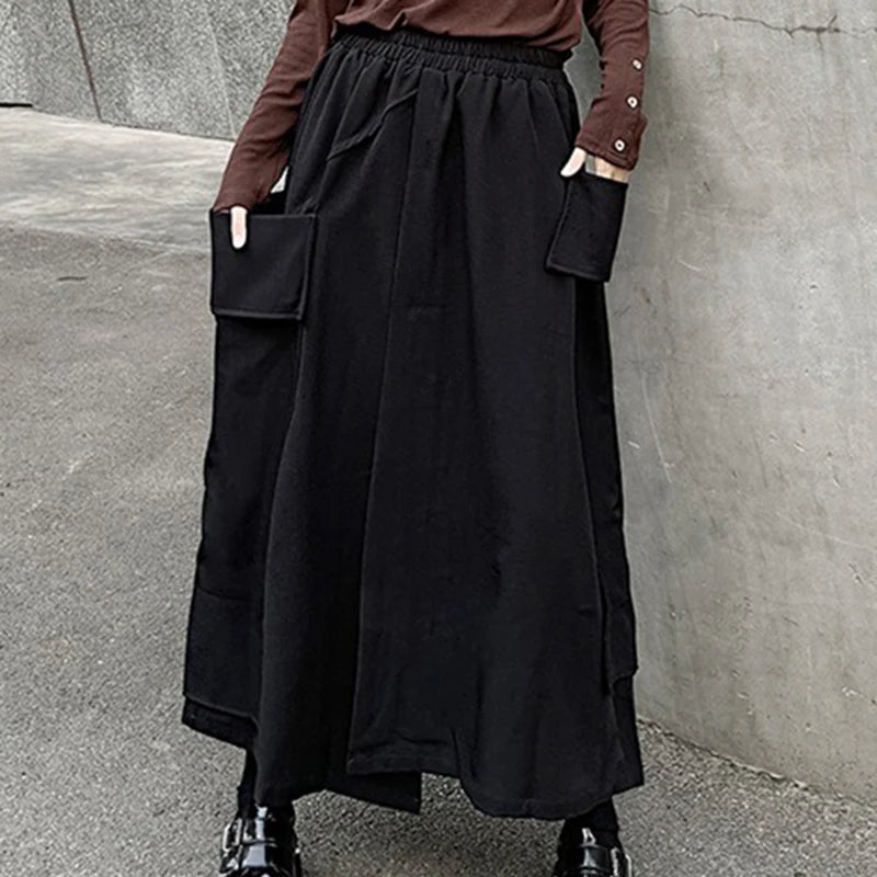 XITAO Autumn Loose Large Pocket Skirt All Match Casual Elastic Waist Solid Color Irregular Split Fork Ankle Length Skirt ZYY1016