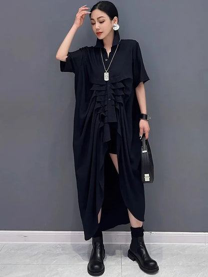 XITAO Irregular Singe Breasted Short Sleeve Dress Mid-calf A-line Solid Color Turn-down Collar Female Fashion Dress GMM1371