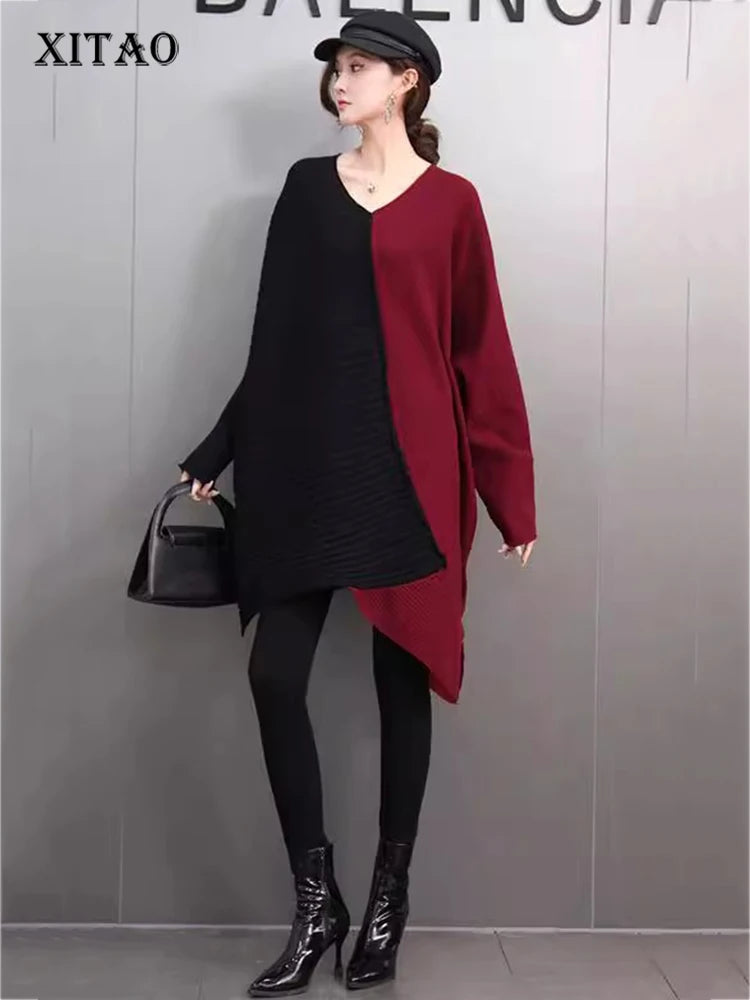 XITAO Fashion Europe Irregular Casual Full Sleeve Sweater Lazy V-neck Batwing Knitting Contrast Color Loose Pullover GMM1015