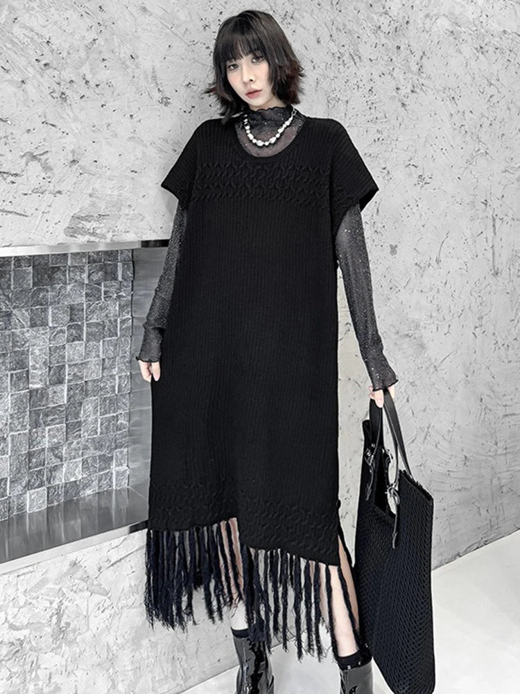 XITAO Tassel O-neck Half Sleeve A-line Dress Casual Mid-calf Pullover Hong Kong Knitting Solid Color Autumn Female Dress GYX1702