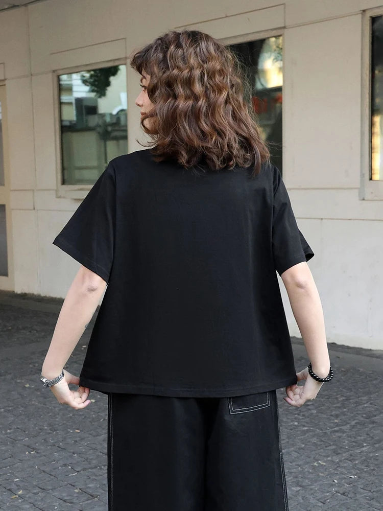 XITAO Gauze Asymmetrical Single Button T-Shirts Solid Color Patchwork O-neck Short Sleeve Pullover Loose Casual Top HQQ2435