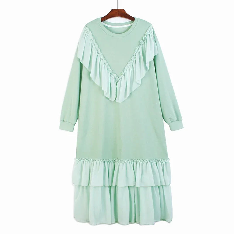 XITAO Ruffle Dress Fashion Women Full Sleeve Patchwork Small Fresh Pleated Hem Goddess Fan Casual Style Loose Dress WLD9343