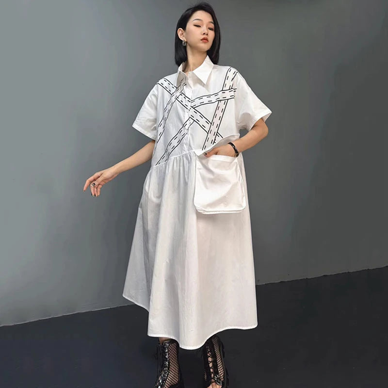 XITAO Loose Irregular Striped Female Shirt Dress Fashion Big Pocket Patchwork Women Summer New Casual Simplicity Dress HQQ2368