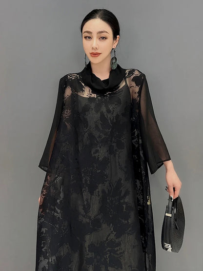 XITAO Sheer Jacquard Loose Dress Solid Color Pullover Side Split Patchwork Elegant Summer Fashion Women New Dress LYD1803