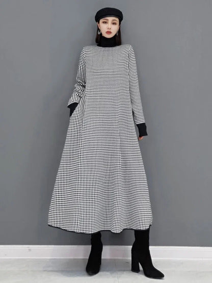 XITAO Korea Plaid Pattern Dress Spring New Fashion Long High Collar Long Sleeve Casual Loose Temperament Women GWJ0533