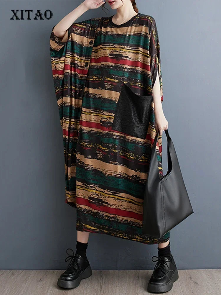 XITAO Irregular Striped Dress Fashion Button Batwing Sleeve Women Spring Casual Pocket Contrast Color Patchwork Dress ZZ0056