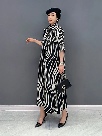 XIATO Striped Patchwork Single Breasted Dress Turn-down Collar Loose 2024 Summer New Arrival Casual Fashion All Match SMH1508