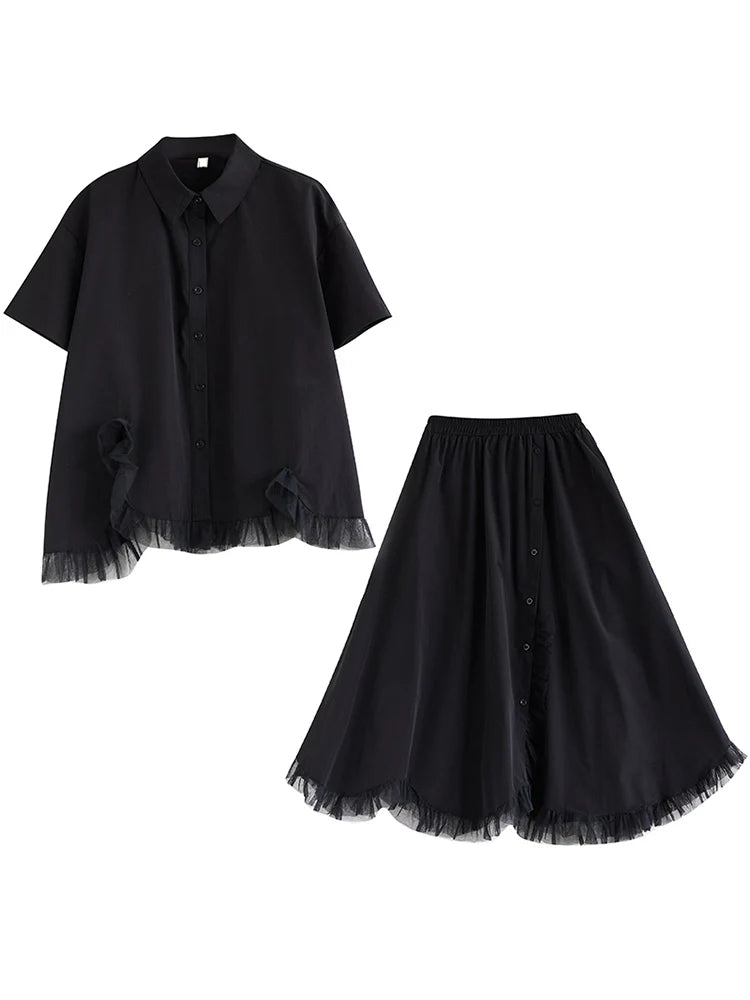 XITAO Black Skirt Sets Mesh Edible Tree Fungus Splicing Irregular Shirt Top Skirt Two Pieces Sets Summer New Women WLD20188