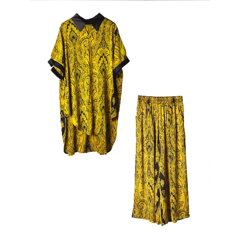 XITAO Loose Print Two Piece Yellow Sets Women Female Asymmetric 2023 Summer New Arrival Casual Fashion Two Piece Set WLD11383