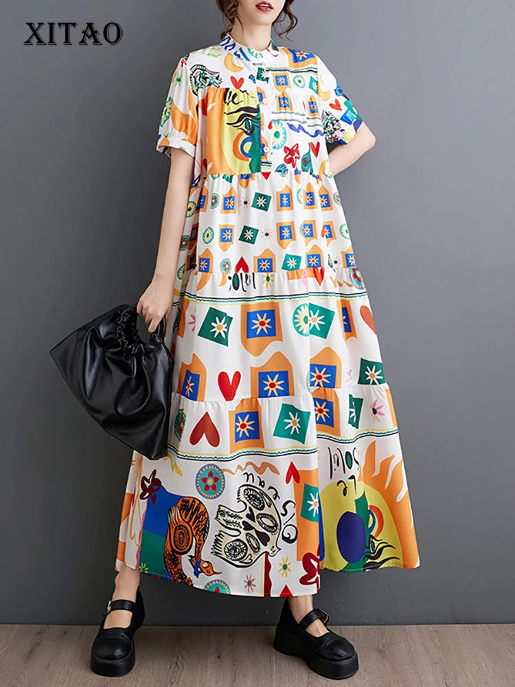 XITAO Geometric Printing Dress Stand Collar Loose Slimming Fashion Short Sleeve Women New Summer Casual Shirt Dress DMJ4072