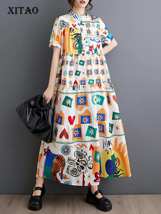 XITAO Geometric Printing Dress Stand Collar Loose Slimming Fashion Short Sleeve Women New Summer Casual Shirt Dress DMJ4072