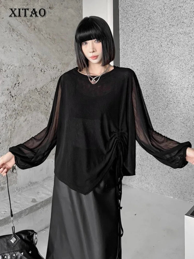 XITAO Asymmetrical Shirring Lantern Sleeve T-shirt Solid Color O-neck Loose Slimming Tops 2024 Autumn New All Match HQQ2407