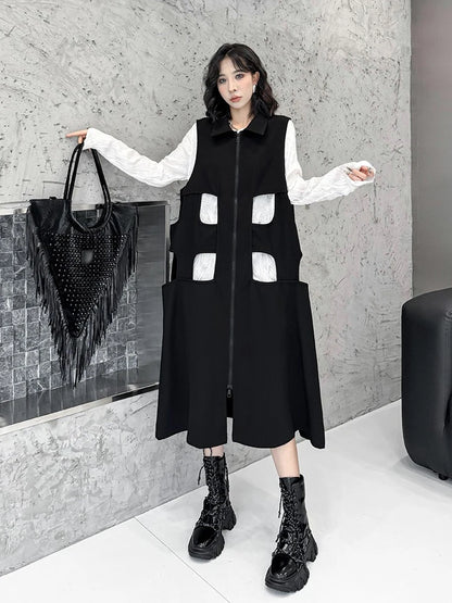 XITAO Hollow Out Zipper Sleeveless Dress Solid Color Turn-down Collar Loose Fashion Mid-calf Vest Dress 2024 Autumn New ZY8883